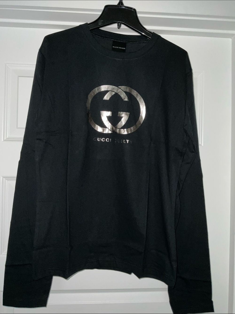 Men’s Gucci Black T‑Shirt with Metallic Silver Double G Large Promotional Shirt